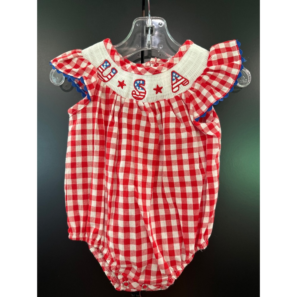 Clover Cottage USA Smocked Gingham Bubble Romper Red White Blue Patriotic 6-12M